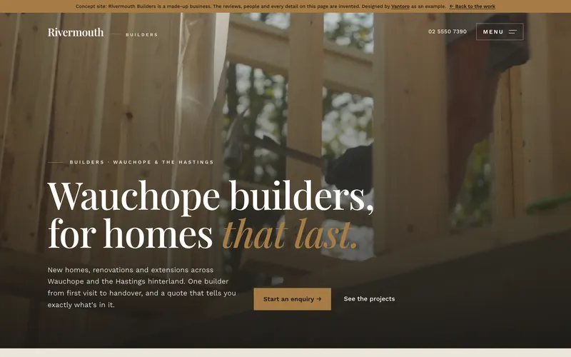The Rivermouth Builders concept homepage: a large serif headline over timber framing