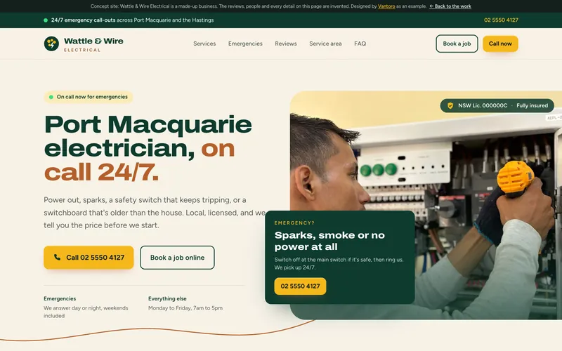 The Wattle & Wire Electrical concept homepage: headline, call button and an emergency card over an electrician at a switchboard