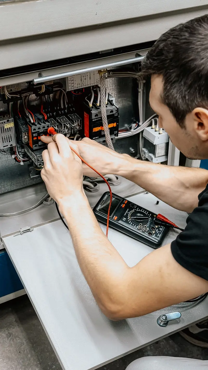 Electrician testing switchboard wiring with a multimeter